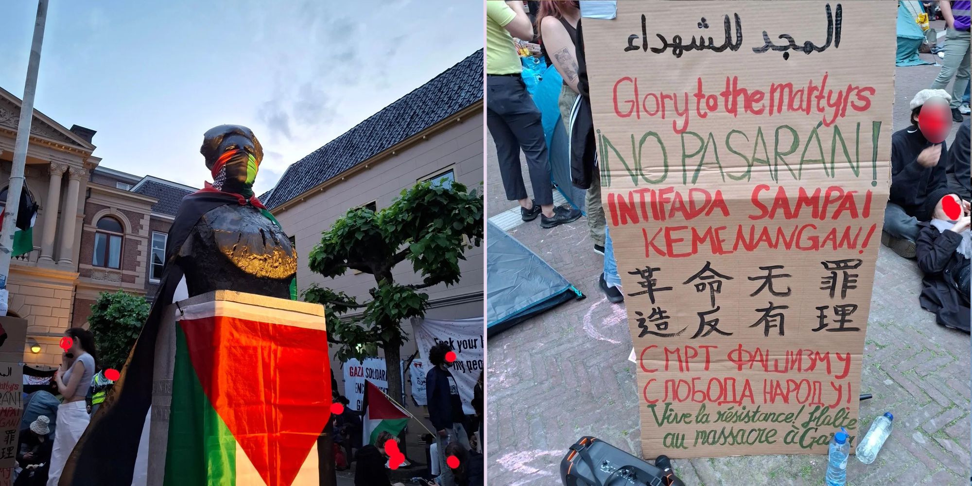 Composietfoto. Beeld 1: Een standbeeld op een binnenplaats in de schemering, gedrapeerd in een Palestijnse vlag en met gezichtsmasker in rood, zwart, wit en groen. Beeld 2: Een bord met in meerdere talen de boodschap ‘Glorie aan de marelaren’, met op de achtergrond mensen die staan of rondhangen.