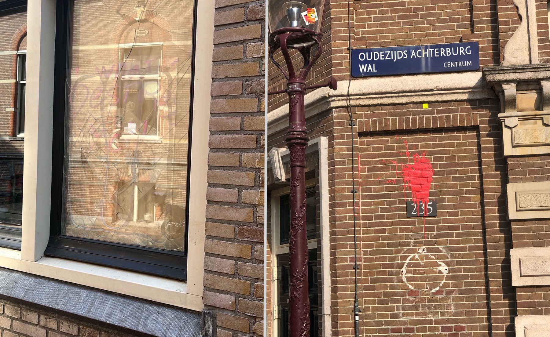 Een composietfoto. Beeld 1: Een raam van een statig pand is ingeslagen. Beeld 2: Een bakstenen gebouw op een straathoek met daarvoor een ouderwetse gedecoreerde straatlantaarn. Het straatbord zegt 'Ouderzijds Achterburgwal, centrum', ter hoogte van nummer 235. Op de muur zit een kwak helderrode verf.  